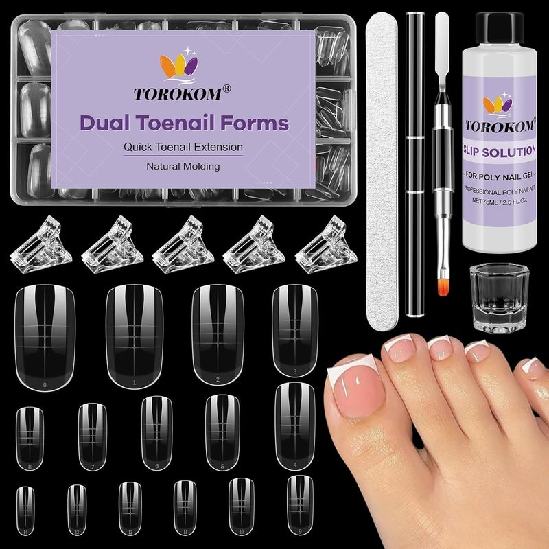 TOROKOM Poly Gel Nail Forms Kit for Toes - 150PCS Reusable Dual Toenail Forms for Builder Gel, Toe Nail Kit with 2.5oz Slip Solution, Brush, File, 5PCS Clips - 15 Sizes - Image 1